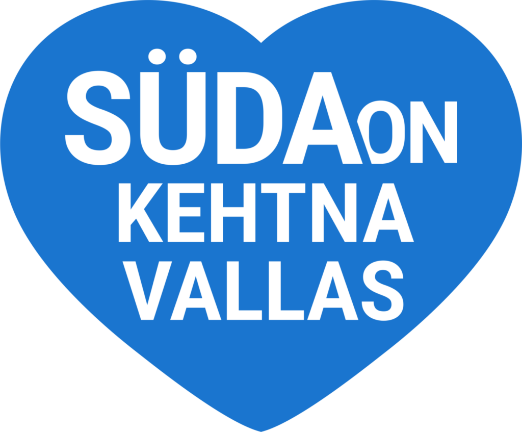 Sinine südamekujuline kujund valge tekstiga „Süda on Kehtna vallas“, mis sümboliseerib hoolivust ja kogukonnatunnet.