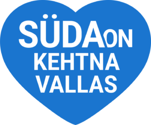 Sinine südamekujuline kujund valge tekstiga „Süda on Kehtna vallas“, mis sümboliseerib hoolivust ja kogukonnatunnet.